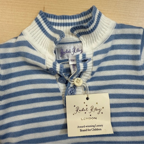 Rachel Riley Baby Boy Striped Babysuit 6M Blue Ivory Knit Long Sleeve Outfit - Picture 2 of 8